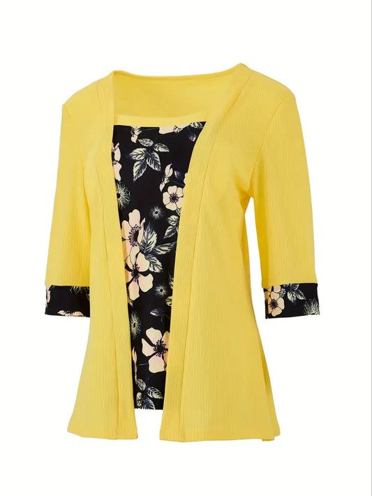 2 In 1 Floral Print T-Shirt, Casual Half Sleeve Top For Spring & Summer, Women's Clothing